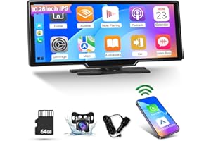 NHOPEEW Apple Car Play Screen 10.3 inch Carplay Screen Portable IPS Car Touchscreen Unit, Wireless Android Auto FM Transmission Bluetooth for 7V-32V Vehicles +AHD Reverse Camera +64G TF Card