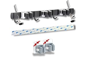 BASAMA ®️ Colgador Escobas y Fregonas de acero inoxidable de 38 cm + 2 Soportes individuales adhesivos | Soporte Escobas Pared con adhesivo 3M y tornillos