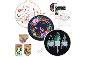 O'woda Kit de Inicio de Bordado, Juego de Herramienta de Punto de Cruz, Patrón de la Planta, 1 Aros de Bordado, 3 Tela Bordada, 9 Agujas y Hilos Cross Stitch (Negro)
