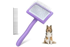 WOPQAEM Dog Slicker Brush for Grooming Hair, Long Pin Brush for Shedding Medium & Long Haired Cats. Dematting Tool for Removes Loose Fur, Tangles, Knots, Undercoat, Free Pet Comb - Medium, Purple