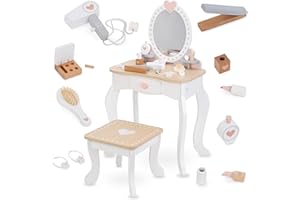 mamabrum Makeup Dreeser - Meuble de Maquillage en Bois pour Petites Filles - Vanity,Parfum, Vernis à Ongles, Brosse, Attaches Cheveux et Table de Maquillage Petite Fille Station de Maquillage