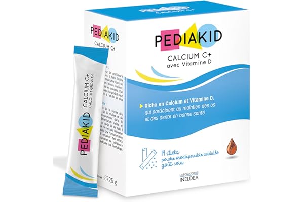 PEDIAKID - Calcium C+ et Vitamine D - Complément Alimentaire Naturel - Couvre 100% des AJR en Calcium - Maintien du Capital Osseux et Dentaire - Goût Cola - 14 Sticks de Poudre Orodispersible