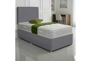 SANA SLEEP Premium Plain Fabric Divan Bed Set With Mattress, 2 Drawers (Same Side) and Headboard 3FT Single - Sierra Shark Grey