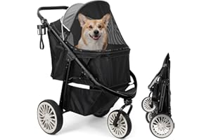 DAISTERN Cochecito Perro 30KG, Carrito Perro Mediano, Marco de Aleación Alúmina Anódica, Ruedas con frenos 360º, Reposabrazos de Cuero Ajustables, con Correas de Seguridad Pedal Delantero, Gris