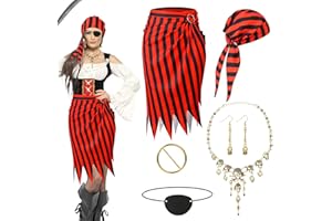Beipegin 5 Piezas Disfraz Pirata Mujer,Falda Pirata Diadema Collar Aretes Piratas Parche Pirata Accesorios Pirata para Halloween y Fiesta Pirata