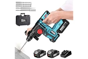 SEESII Martillo Perforador a Batería: SDS-Plus 3-en-1 Taladrado, Percusión y Cincelado con 2 Baterias 5,0Ah & Cargador, Luz LED Integrada, Motor sin Escobillas 900W, Martillo Percutor para Bricolaje