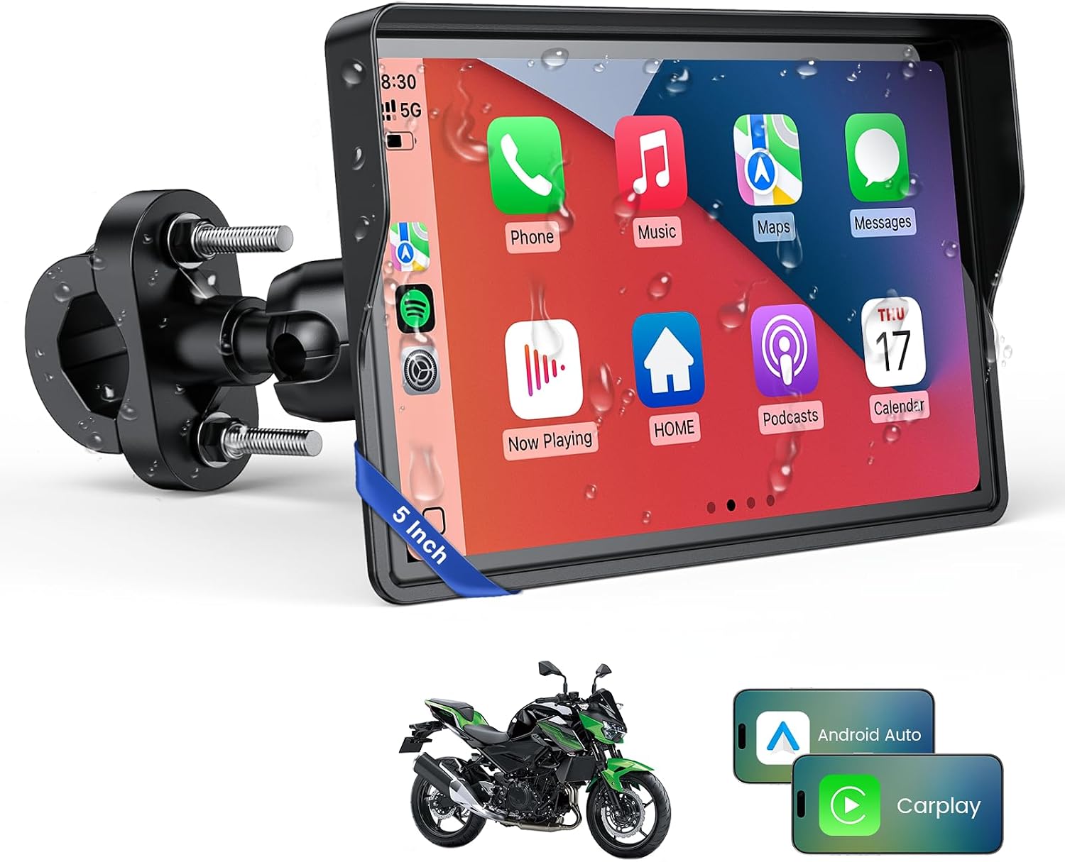 WonVon 5 Pulgadas CarPlay para Motocicleta Sistema de Navegación GPS con Apple CarPlay y Android Auto Pantalla Portátil con Doble Bluetooth, Navegación, Siri, Asistente de Google