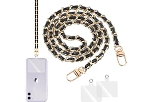 MIUNPRI Cordon Sac à Main en PU Cuir Aluminium Lanière Universelle Longue Dragone Anti-perte Bandouliere Longue,Chaine Telephone Portable Tour Cou avec 2 Patch Rechange de Plupart des Smartphones