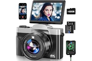Digitalkamera 4K 64MP Autofokus Vlog-Kamera 180° Klappdisplay mit 32GB SD | WLAN-Übertragu