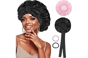 ‎PAEFIU PAEFIU 2 Stück Satin Seidenhaube Zum Schlafen Weiche Satin Haarhaube mit 2 Haargummis Atmungsaktive Sleep Satin Bonnet für Lange Kurze Lockige Haare (Schwarz, Rosa)
