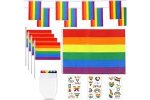 BOFYTR 16 PCS Pride Decoration Set, Include Waterproof and Reusable Pride Flag 5ft x 3ft, Handheld Small Flags, Pride Bunting, Rainbow Gay Pride Sticker and Face Paint for Parade Festival