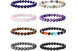 JeweBella Zestaw 8 bransoletek z naturalnych kamieni szlachetnych, dla kobiet i mężczyzn, z koralikami, róże, kwarc, ametyst, tygrysie oko, obsydian, turkus, czakra, bransoletki, zestaw bransoletek ze