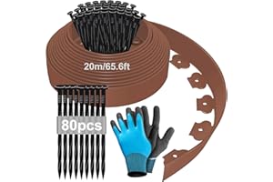HENGRONGSHEN Bordure de Jardin Flexible 20m, Bordure Jardin Exterieur Hauteur 10cm, Bordure Jardin Plastique, Bordurette de Jardin, Garden Edging, Bordure de Tonte, avec Gants et 80 Ongles - Marron