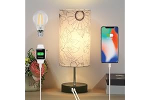 Lanmonlily Lámpara Mesita Noche Táctil, Regulable 3 Niveles de Brillo, Puerto de carga tipo C+USB-A, Pantalla de lino con base de metal, Bombillas incluidas