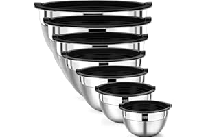 Wildone Rührschüssel Set, Edelstahl Schüssel 7er set mit luftdichten Deckeln, Stapelbar, Spülmaschinenfest, Größe 5, 3.5, 2.5, 2, 1,5, 1, 0,67 QT, ideal zum Mischen und Servieren