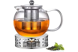 LEIKURVO Tetera de 1300 ml con colador y tapa, tetera de vidrio borosilicato, tetera de cristal con filtro extraíble y calientaplatos, tetera de cristal para té suelto, té de frutas, té perfumado