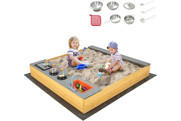 COSTWAY Sandlåda av massivt trä, sandlåda med 9 kökstillbehör och kran och tvättställ, sandlåda inklusive golvpresenning, barnsandlåda utomhus för trädgård strand balkong