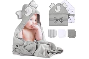 Momcozy Toallas de Baño con Capucha para Bebé, Juego de Toallas de Baño Infantiles 8 Piezas, Capa de Baño Bebés de 2 Piezas （76 x 76cm) y Muselina Bebé 6 Piezas (25x25 cm), Suaves y Absorbentes