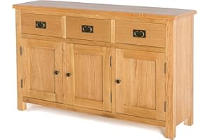 ROSELANDFURNITURE Surrey Oak Large Sideboard Cabinet for Living Room | Roseland Furniture Traditional Rustic Waxed Solid Wood 3 Drawer 3 Door Storage Unit for Hallway or Dining Room | Fully Assembled