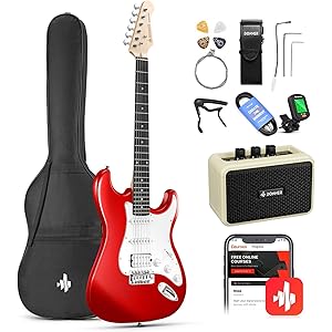 Donner DST-102R Solid Body 39 Inch Full Size Electric Guitar Kit Red, Beginner Starter, with Amplifier, Bag, Capo, Strap, String, Tuner, Cable, Picks