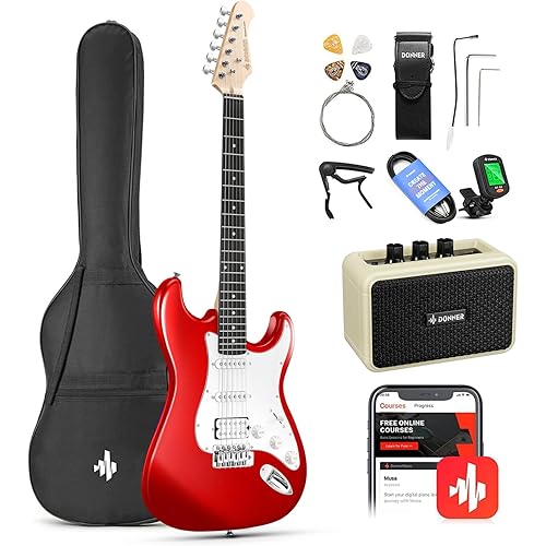 Donner DST-102R Solid Body 39 Inch Full Size Electric Guitar Kit Red, Beginner Starter, with Amplifier, Bag, Capo, Strap, String, Tuner, Cable, Picks