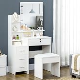 Homcom Makeup Vanity with Stool with Mirror 80 x 15 x 143 cm White | Dressing Table, 4 Drawers, Shelves, Open Compartments, M