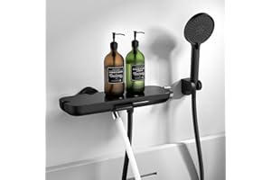 HOMELODY Badewannenarmatur schwarz mit Handbrause, 360° drehbarer Auslauf, Badewannenarmaturen mit Duschbrause, Glasablage, 1,5 m PVC Schlauch, Mischbatterie zur Wandmontage