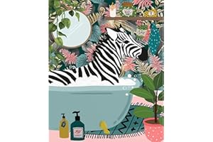 Walarky Peinture par numéros pour adultes - Kit de peinture à l'huile d'animaux sur toile avec pinceaux et pigments acryliques - Motif zèbre - Feuilles vertes - Baignoire - Décor amusante de chambre