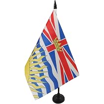 Drapeau De Table Colombie-Britannique - 21x14 Cm Avec Hampe 25 Cm Et Socle Noir - 100% Polyester