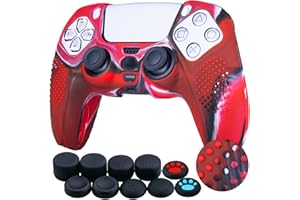 YoRHa Studded Silicone Rubber Gel Customizing Skin Cover for PlayStation 5 PS5 Controller x 1(Camouflage Red) With Pro thumb grips x 10