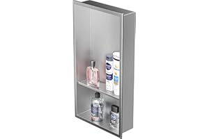 Bernkot Niche murale en acier inoxydable 304 brossé - 60 x 30 cm - Double étagères encastrées - Douche encastrée pour rangement de salle de bain - Pas de carrelage nécessaire - Niche au-dessus du