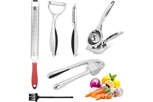 HZPZPP Lemon squeezers|Cheese grater|Micro planes grater|garlic crusher|Potato peeler, Cheese Grater Red & Brush- Lemon Squeezer - Set of 2 Peelers - Garlic Press, Stainless Steel - Rust Proof