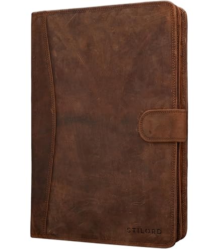 Porte-documents En Cuir Véritable STILORD 'Vincent' Vintage - Format A4, 27x35 Cm - Avec Anneaux, Poches Multiples, Pour Ordinateur 13.3"