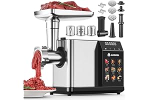 AAOBOSI Tritacarne Elettrico [3000W Max] con Display LED - 9 Velocità Regolabili, con Accessori Affettare, Insaccatrice e Preparatore Kibbe - Contenitore Stoccaggio Integrato per Uso Domestico