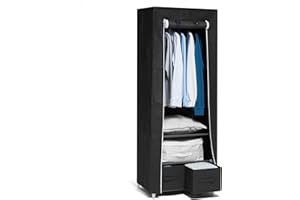 Hododou Canvas Wardrobe Fabric Wardrobe for Bedroom 160 x 59 x 43CM Portable Closet with 2 Drawers and Hanging Rail, for Living Room, Dormitory, Fabric Closet for Clothes, Bags, Toys, Shoes, Black