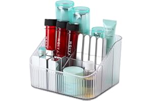 OSteed Clear Makeup Organiser Box for Vanity, Makeup Brush Holder with 5 Cups, Skincare Beauty Cosmetic Storage Box, Dressing Table Storage, Toiletry Organiser