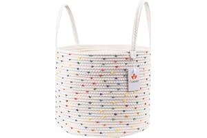AUNHUIT Woven Storage Laundry Basket, Decorative Cotton Rope Bedroom Basket, Nursery Hamper, Cloth Baskets for Organizing & Storage, White Rainbow Baby Nursery Storage 35x30CM