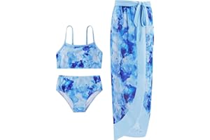 ESHOO Youth Girls Swimsuits 3 Pieces Bikini Bathing Suit with Cover Up Skirt Wrap Sets Kids Tropical Floral Bikini Swimsuits Beach Swimwear for Teen Girls