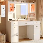 YOUDENOVA Makeup Vanity with LED Mirror, Large Dressing Table with 2 RGB Display Cabinets, 7 Drawers, Jewelry Organizer, Dimm
