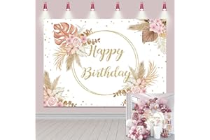BUTEN 8x6FT Toile de Fond bohème « Happy Birthday » pour Filles - Rose - Herbe de la Pampa - Motif Floral à Pois dorés - Décoration de fête bohème - Bannière de Table de gâteau