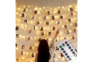 Microwear 10M 100LED Luci per Foto,8 Modalità,USB o Alimentato a Batteria, Porta Foto Mollette,Lucine Led Decorative per Camere,Per Feste Decorative,Matrimonio(50 Clip & 25 Chiodi) (Bianco Caldo)