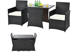 COSTWAY 3-częściowy zestaw mebli ogrodowych z technorattanu, 2 fotele i 1 stolik pomocniczy ze szklanym blatem, meble rattanowe, nie zajmuje dużo miejsca, zestaw wypoczynkowy ogrodowy, zestaw mebli