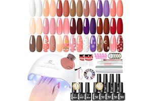 PEACECOLOR 34PCS Gel Nail Sets Starter Kit- Gel Nail Polish Set with Lamp Starter Kit 15 Colours Brown Red White Nude Nail Polish Nail Art Valentine's Day Gifts for Women DIY Home