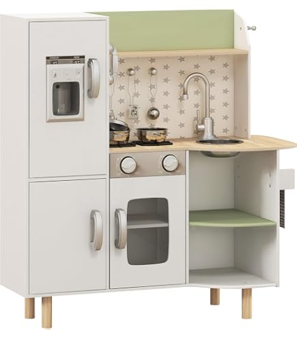 COSTWAY Cocina De Juguete De Madera Para Niños De 3 A 6 Años – Con Microondas, Hornos, Fregadero, Fabricador De Hielo Y 18 Accesorios, Rosa Claro