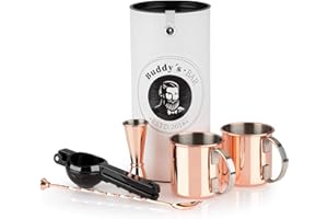 Buddy´s Bar - Moscow Mule Set completo, 2 bicchieri da cocktail da 500 ml, cucchiaio da bar da 27 cm, misuratore da bar da 5 cl e spremiagrumi nero, per uso alimentare, set di tazze da cocktail con
