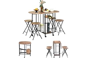 GOKHOMX - Juego de mesa de comedor y 4 sillas plegables, mesa de cocina, espacio pequeño con ruedas y almacenamiento, conjunto de mesa y silla plegable para cocina, salón Bistrot, terraza, marrón