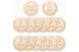 XIHIRCD 14 Kartek Miesiecznych dla Dzieci, Drewniany Krazek Tabliczki dla Dzieci w Wieku 1-12 Miesiecy Tabliczki dla Noworodków na Baby Shower Dekoracje na Pierwsze Urodziny (Styl 1)