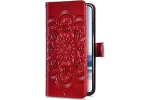 Uposao Kompatibel mit Samsung Galaxy A6 Plus 2018 Handyhülle Mandala Blumen Muster Handy Schutzhülle Ledertasche Flip Case Handytasche Wallet Hülle Bookstyle Klappbar Lederhülle Magnetisch,Rot