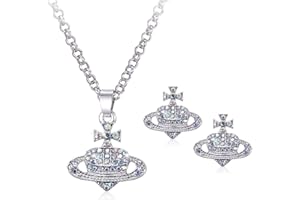 MOTONG 2 in 1 Combination Set Planet Earrings, Necklace, Alloy Composition Heart Planet Stud Inlaid Colorful Rhinestone Design, Great Jewellery Pendant Gifts for Women Girls