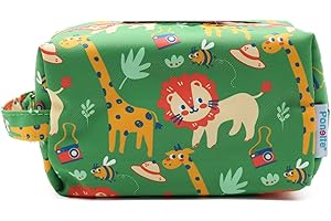PONETTE - Neceser Infantil en Tejido Verde con Divertido Estampado de Jirafas y Leones con Hojas, Cámaras, Gorros, Avispas, Niño, Niña, Viaje, Estuche, Bolsa, Colegio, Playa, Piscina, Marca Española